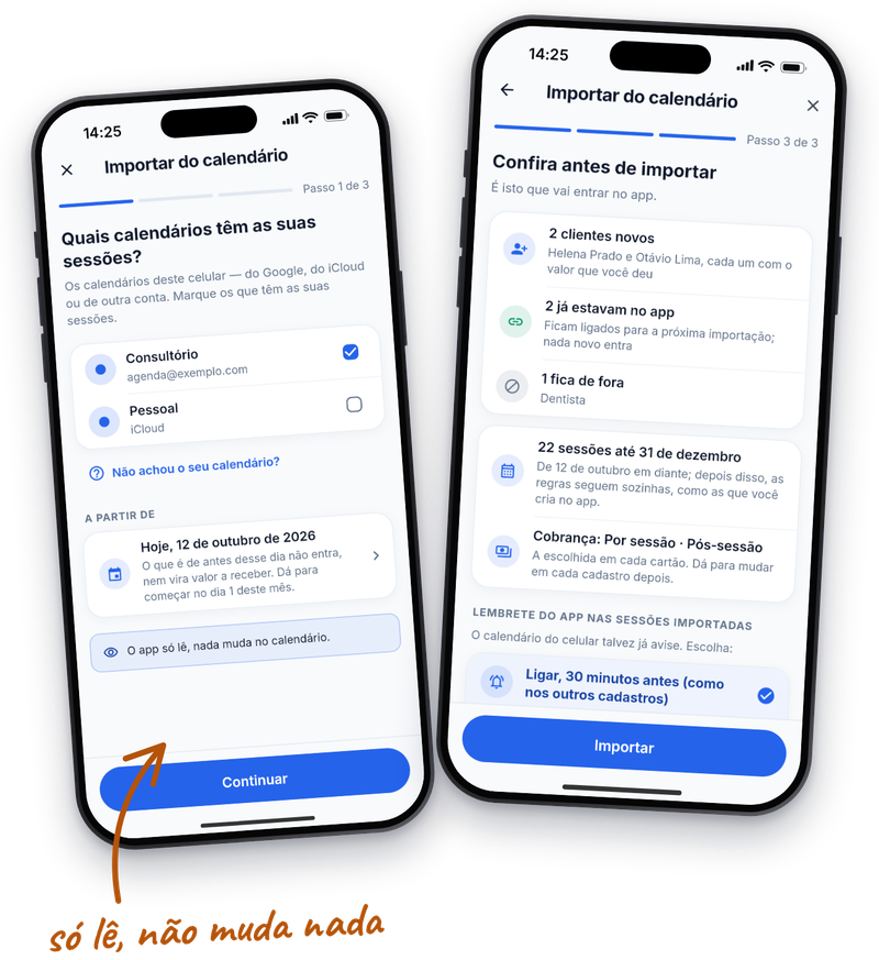 A importação do calendário no celular: um cartão por pessoa, com a escolha entre sessão, evento ou não trazer.
