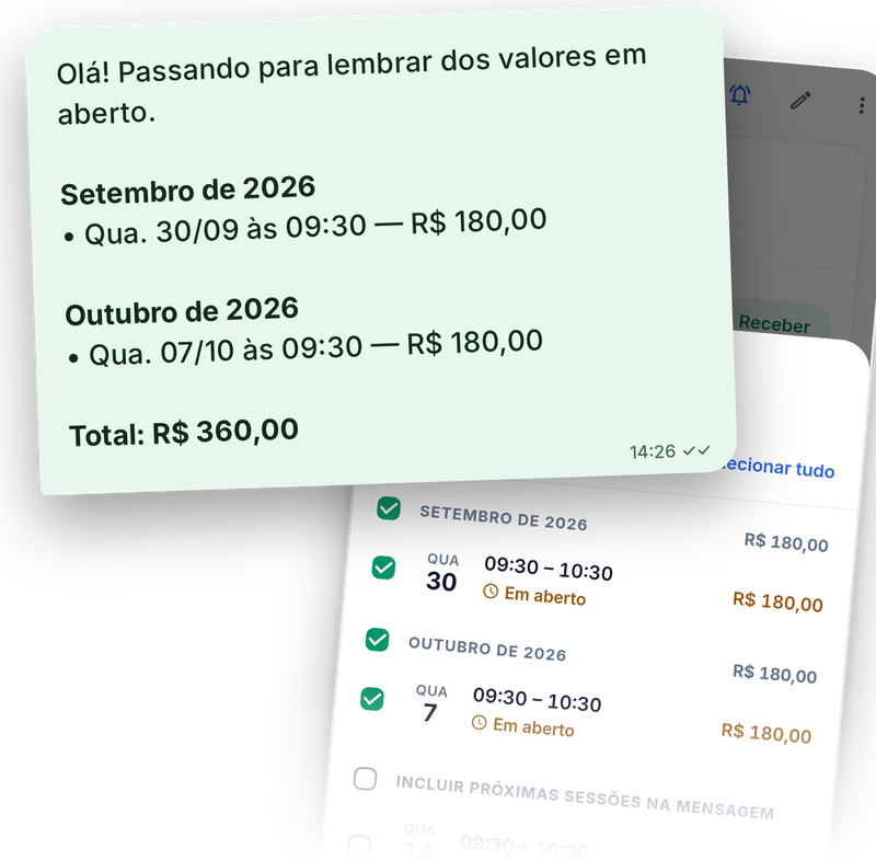 Uma mensagem de cobrança no WhatsApp com as sessões em aberto e o total, ao lado da tela do app que a montou.