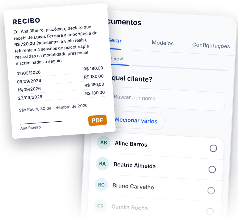 Um recibo em PDF com as sessões do mês, ao lado da tela Documentos do app.